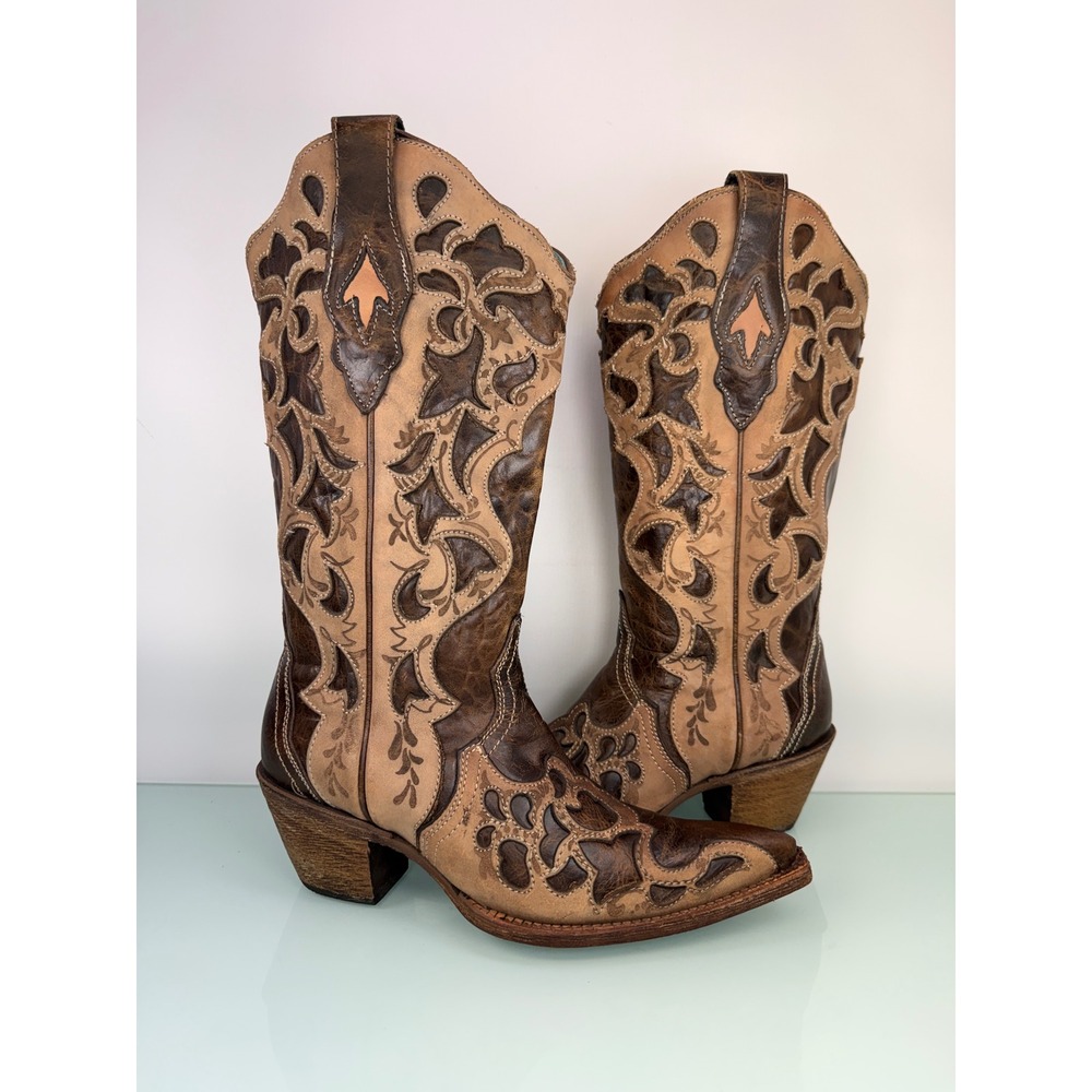 Corral Sz7 Brown Tan Leather Laser Cut Western Cowboy Boots Snip Toe Women